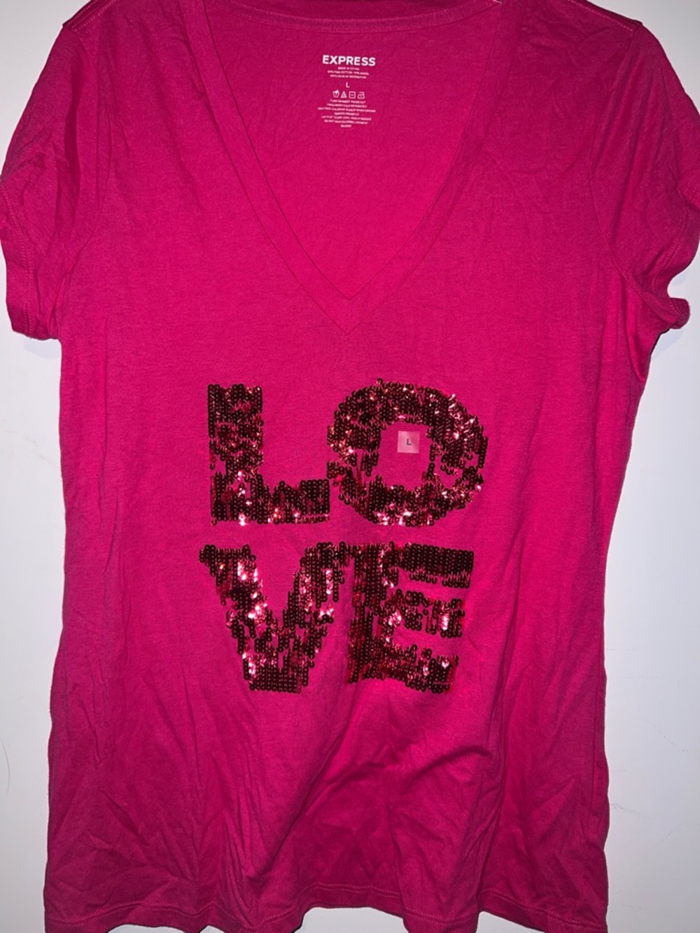 Express Hot Pink V-Neck Tee with Sequin LOVE Graphic